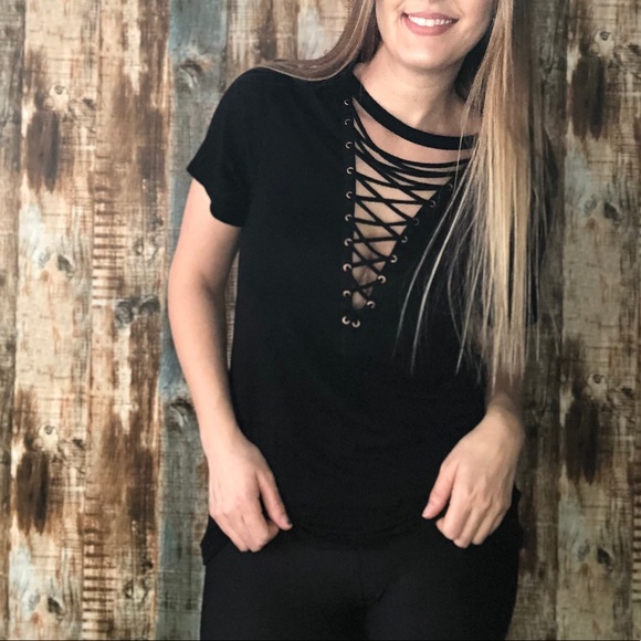 Express Black T-Shirt with Criss-Cross Details - Picture 1 of 7